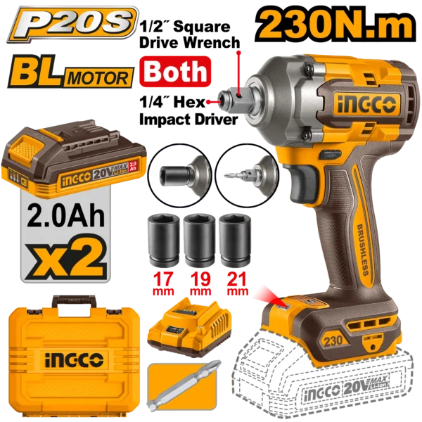 LLAVE DE IMPACTO INALAMBRICA 1/2" BL 20V 230N.M + 2 BAT 2.0AH + CARG + MALETA INGCO