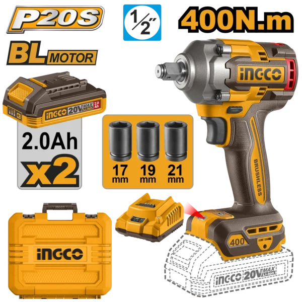 LLAVE DE IMPACTO INALAMBRICA 1/2"" BL 20V 400N.M + 2 BAT 2.0AH + CARG + MALETA INGCO