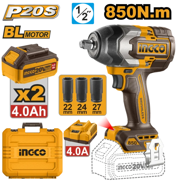 LLAVE DE IMPACTO INALAMBRICA 1/2"" BL 20V 850N.M + 2 BAT 4.0AH + CARG + MALETA INGCO