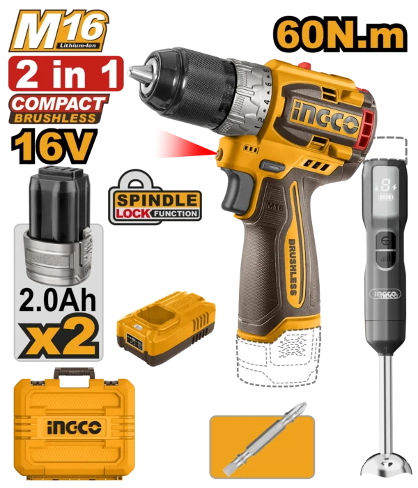 JUEGO COMBINADO DE 2PCS TALADRO INALAMBRICO 1/2" BL 16V 60N.M + BATIDORA + 2 BAT 2.0AH + CARG + MALETA INGCO