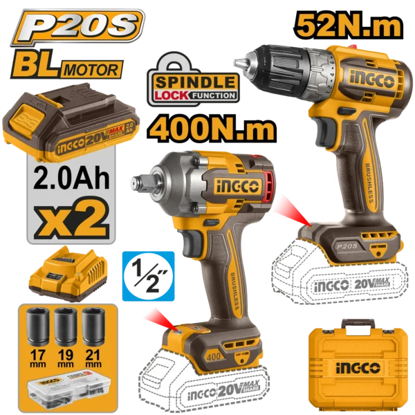 JUEGO COMBINADO DE 2 PIEZAS TALADRO INALAMBRICO 3/8"" BL 20V 52N.M + LLAVE DE IMPACTO 1/2"" BL 20V 400N.M + 2 BAT 2.0AH + CARG + MALETA INGCO