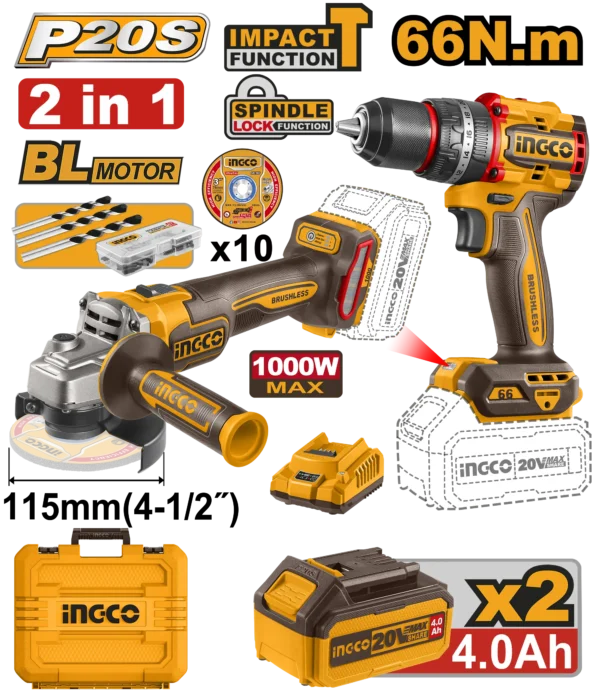 JUEGO COMBINADO DE 2 PIEZAS TALADRO DE IMPACTO 1/2"" BL 20V 66N.M + AMOLADORA ANGULAR 4-1/2 BL 20V 9000RPM + 2 BAT 4.0AH + CARG + MALETA INGCO