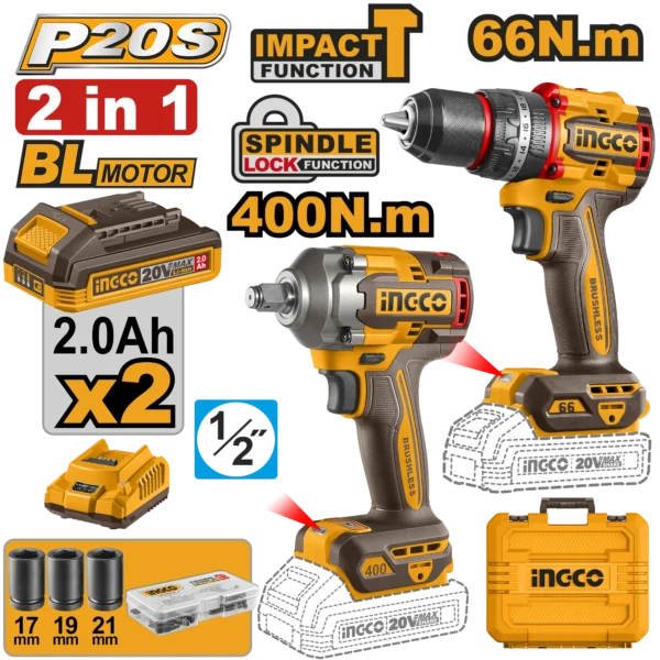 JUEGO COMBINADO DE 2 PIEZAS TALADRO DE IMPACTO 1/2" BL 20V 66N.M + LLAVE DE IMPACTO 1/2 BL 20V 400N.M + 2 BAT 2.0AH + CARG + MALETA INGCO