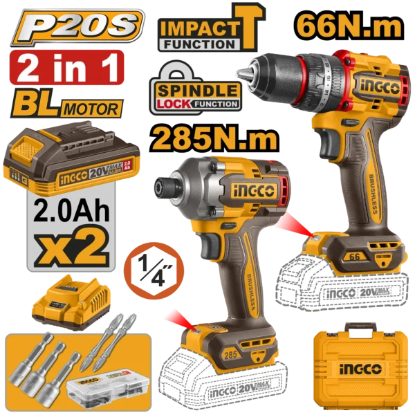 JUEGO COMBINADO DE 2 PIEZAS TALADRO INALAMBRICO 1/2" 20V 66N.M ATORNILLADOR DE IMPACTO 1/4" BL 20V 285N.M + 2 BAT 2.0AH + CARG + MALETA INGCO