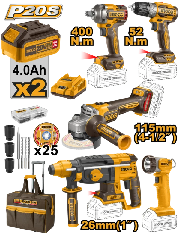 JUEGO COMBINADO DE 5 PIEZAS TALADRO INALAMBRICO 3/8 + LLAVE DE IMPACTO 1/2 + ROTOMARTILLO 2.0J + AMOLADORA ANGULAR 4 1/2 + LAMPARA + 2 BAT 4.0AH + CARG + MALETA INGCO.