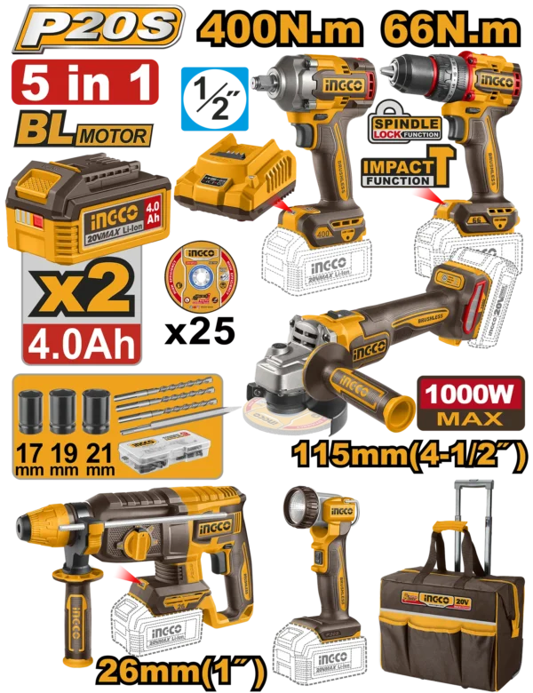 JUEGO COMBINADO DE 5 PIEZAS TALADRO INALAMBRICO 1/2" + LLAVE DE IMPACTO 1/2" + ROTOMARTILLO 2.5J + AMOLADORA ANGULAR 4 1/2 + LAMPARA + 2 BAT 4.0AH + CARG + MALETA INGCO.