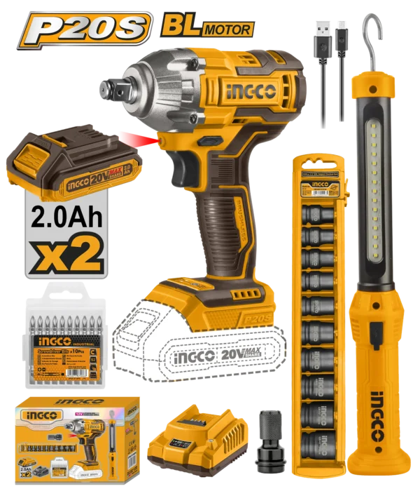 JUEGO COMBINADO DE 2 PIEZAS LLAVE DE IMPACTO INALAMBRICA 1/2"" BL 20V 300N.M + LAMPARA INGCO