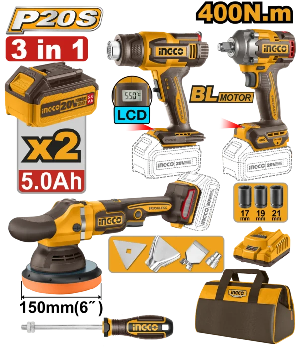 JUEGO COMBINADO DE 3 PIEZAS LLAVE DE IMPACTO 1/2" BL 20V 400N.M + PULIDORA 6" BL 20V 4500RPM + PISTOLA DE CALOR 300/550 °C + 2 BAT 5.0AH + CARG INGCO