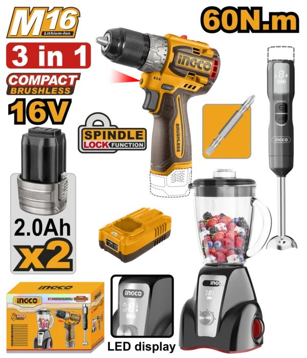 JUEGO COMBINADO DE 3 PIEZAS TALADRO INALAMBRICO 1/2" BL 16V 60N.M + LICUADORA INALAMBRICA 1,5L 16V 300W + BATIDORA DE MANO INALAMBRICA 16V 100W + 2 BAT 2.0AH + CARG INGCO