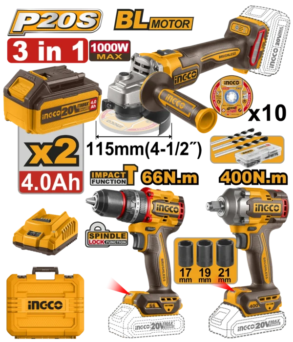 JUEGO COMBINADO DE 3 PIEZAS TALADRO DE IMPACTO 1/2" BL 20V 66N.M + AMOLADORA ANGULAR 4-1/2" BL 20V 9000RPM +  LLAVE DE IMPACTO 1/2" BL 20V 400N.M + 2 BAT 4.0AH + CARGADOR + MALETA INGCO