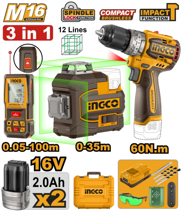 JUEGO COMBINADO DE 3 PIEZAS TALADRO DE IMPACTO 1/2" BL 16V 60N.M + NIVEL DE LASER AUTONIVELANTE(VERDE) 12 LINEAS + MEDIDOR DE DISTANCIA LASER 100M + 2 BAT 2.0AH + CARGADOR + MALETA INGCO
