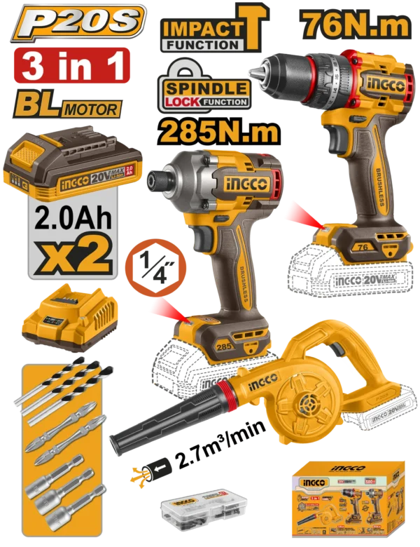 JUEGO COMBINADO DE 3 PIEZAS ATORNILLADOR DE IMPACTO 1/2" BL 20V 285N.M + TALADRO DE IMPACTO 1/2" BL 20V 76N.M + SOPLADOR INALAMBRICO 20V 18000 RPM 2,7M3/MIN INGCO + 2 BAT 2.0AH + CARGADOR INGCO