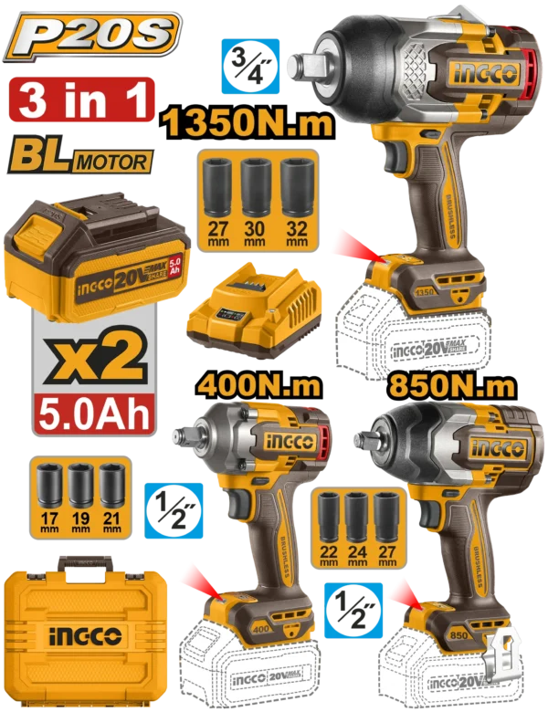 JUEGO COMBINADO DE 3 PIEZAS LLAVE DE IMPACTO 3/4" BL 20V 1350N.M + LLAVE DE IMPACTO 1/2" BL 20V 850N.M +  LLAVE DE IMPACTO 1/2" BL 20V 400N.M + 2 BAT 5.0AH + CARGADOR + MALETA INGCO