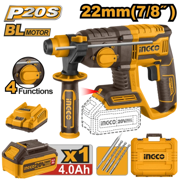 ROTOMARTILLO 7/8"" BL 20V 2,0J + 1 BAT 4.0AH + CARG + MALETA INGCO