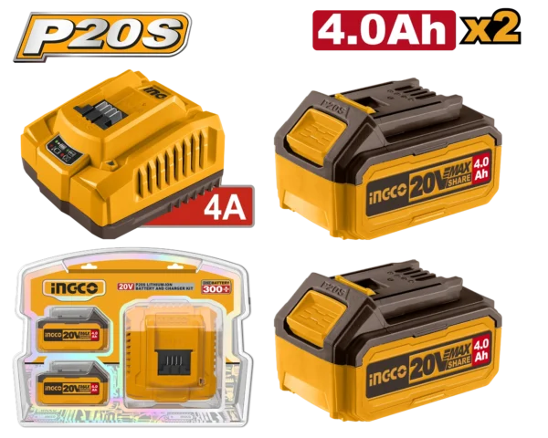 JUEGO DE 2PCS BATERIAS Y CARGADOR 20V 4,0AH INGCO