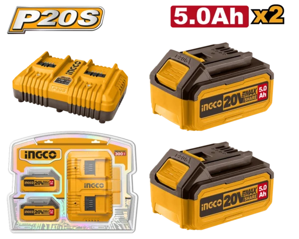 JUEGO DE CARGADOR Y BATERIA DE 2PCS 20V 5.0AH INGCO