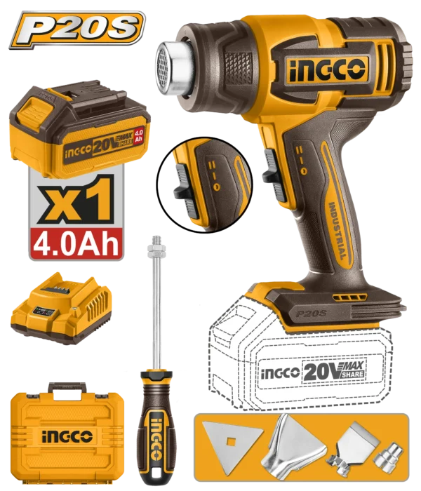 PISTOLA DE CALOR INALAMBRICA 20V 300/550 °C + 1 BAT 4.0AH + CARG + MALETA INGCO