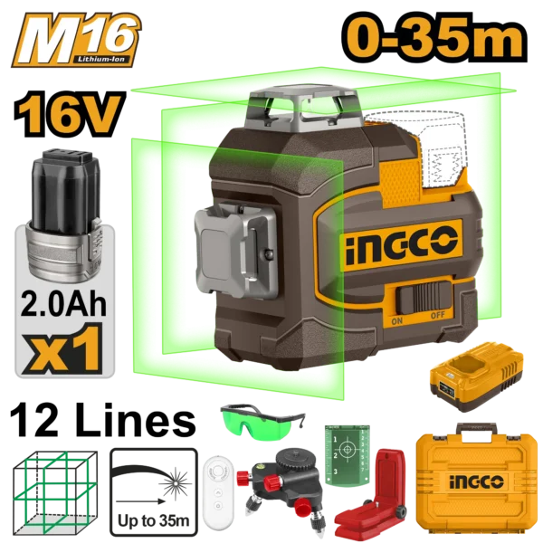 LASER DE LINEA AUTONIVELANTE LUZ VERDE 12 LINEAS 35M 16V + 1 BAT 2.0AH + CARGADOR + MALETA INGCO
