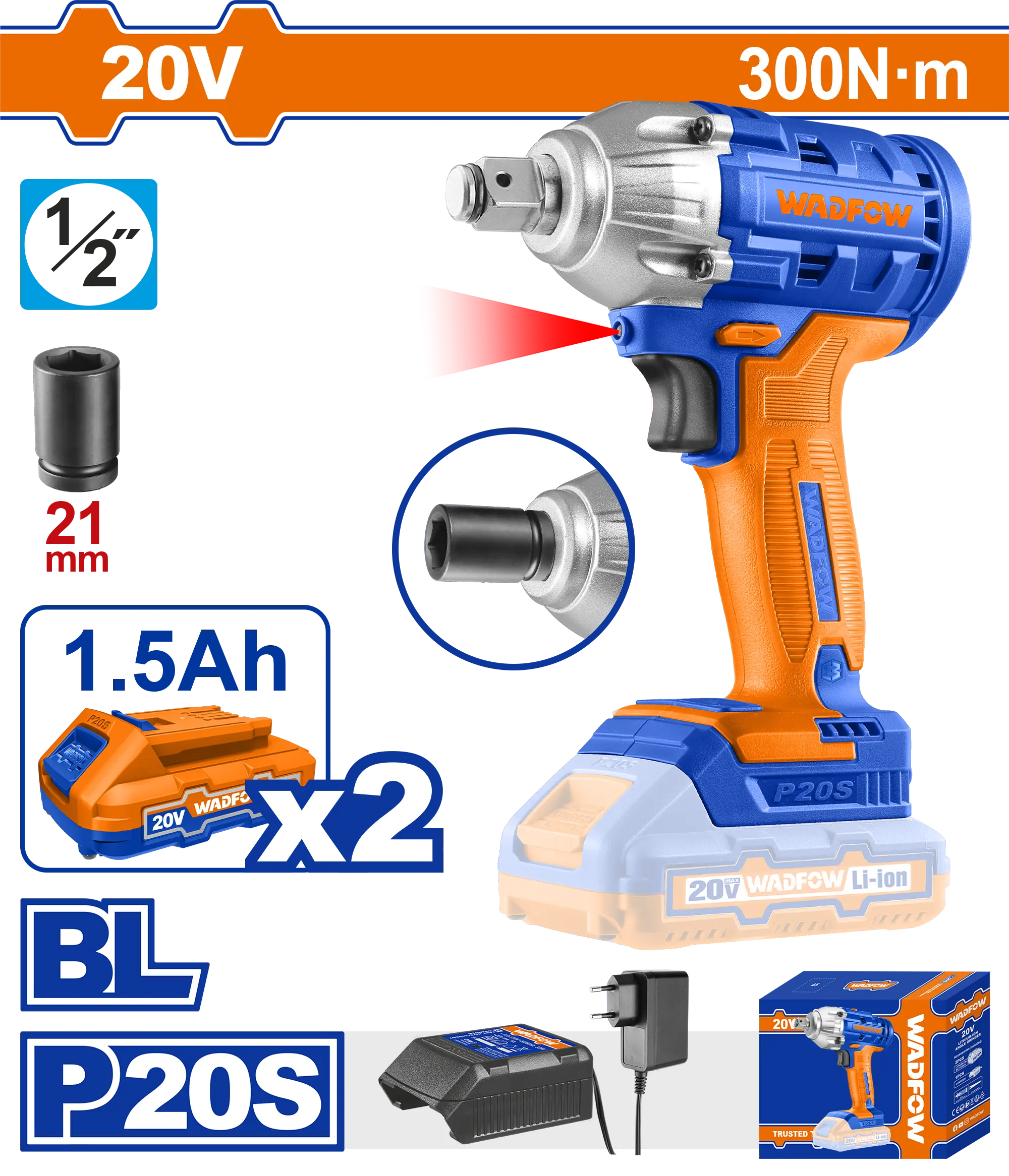 LLAVE DE IMPACTO INALAMBRICA 1/2"" BL 20V 300N.M + 2 BAT 1.5AH + CARG WADFOW