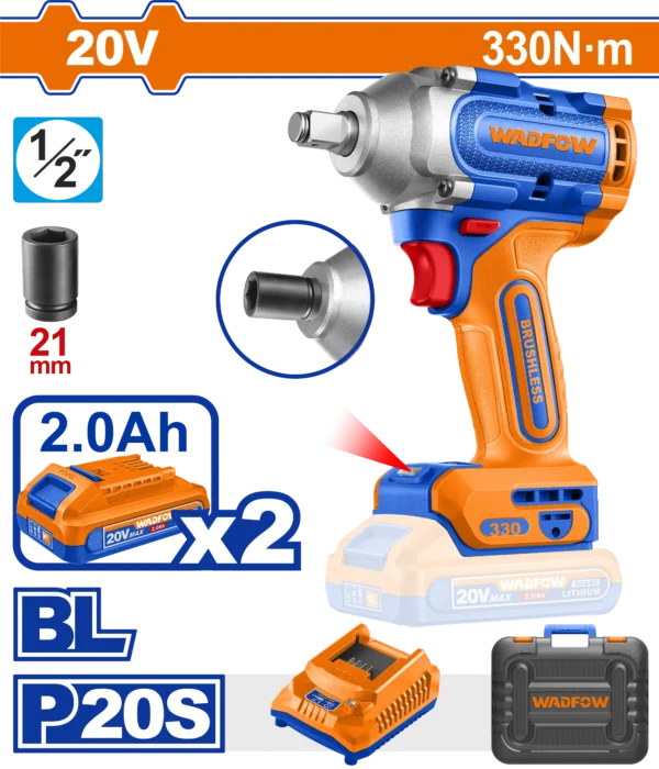 LLAVE DE IMPACTO INALAMBRICA 1/2" BL 20V 330N.M + 2 BAT 2.0AH + CARG + MALETA WADFOW