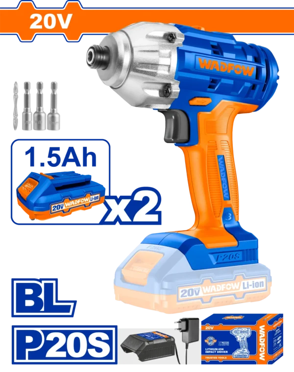 ATORNILLADOR DE IMPACTO INALÁMBRIC0 1/4" BL 20V 170N.M + 2 BAT 1.5AH + CARG WADFOW
