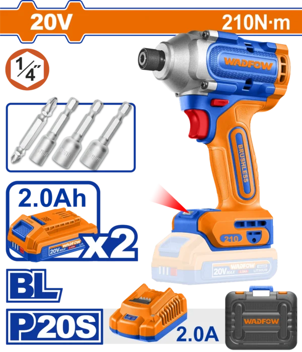 ATORNILLADOR DE IMPACTO 1/4" BL 20V 210N.M + 2 BAT 2.0AH + CARG + MALETA WADFOW