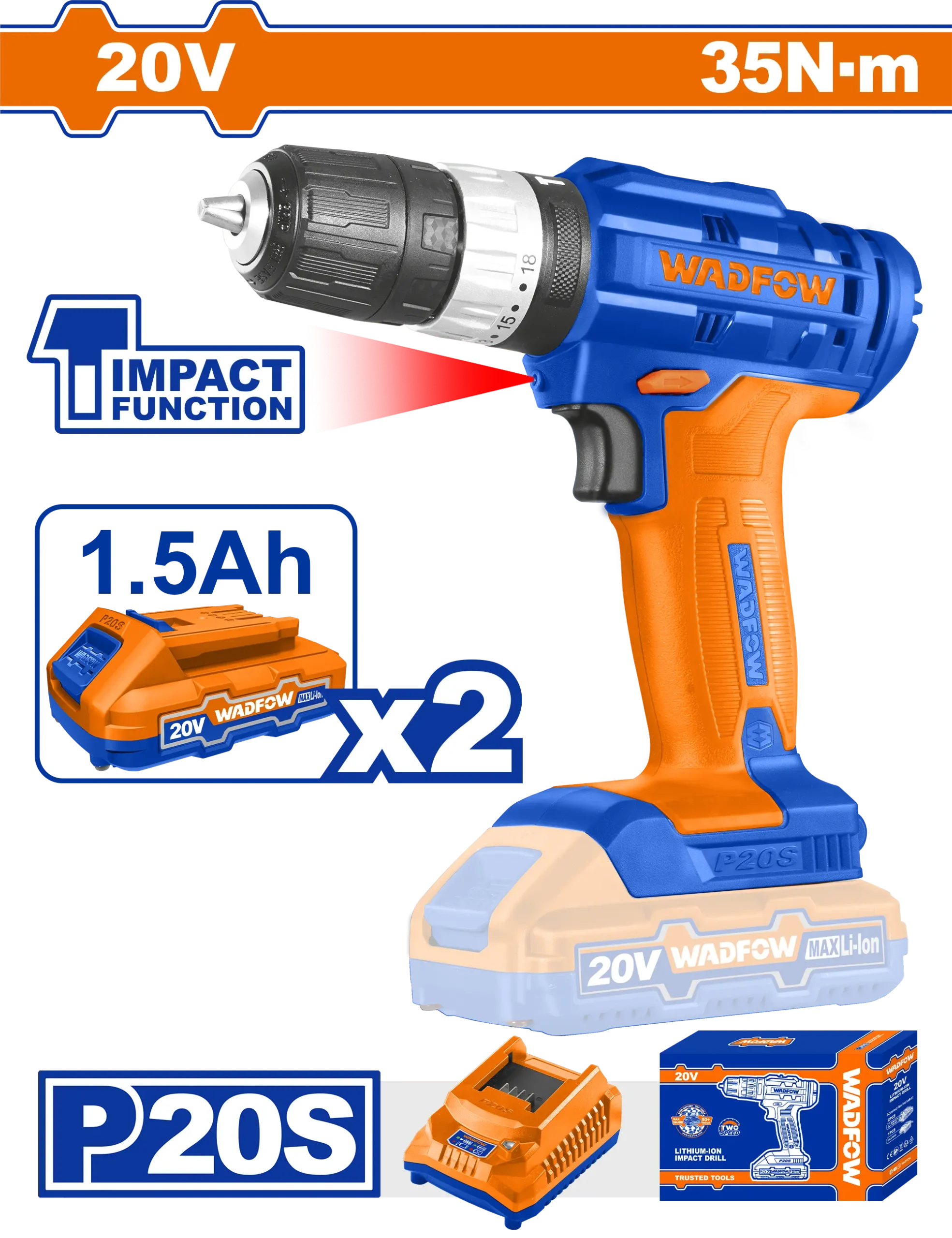 TALADRO INALAMBRICO 3/8"" 20V 35N.M + 2 BAT 1.5AH + CARG WADFOW