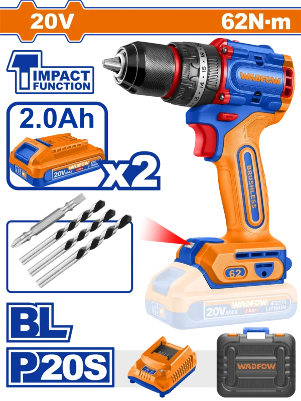 TALADRO DE IMPACTO 1/2" 20V 62N.M + 2 BAT 2.0AH + CARG + MALETA WADFOW