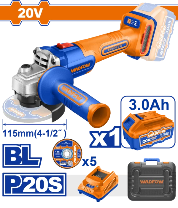 AMOLADORA ANGULAR 4 1/2'' BL 20V + 1 BAT 3.0AH + CARG WADFOW