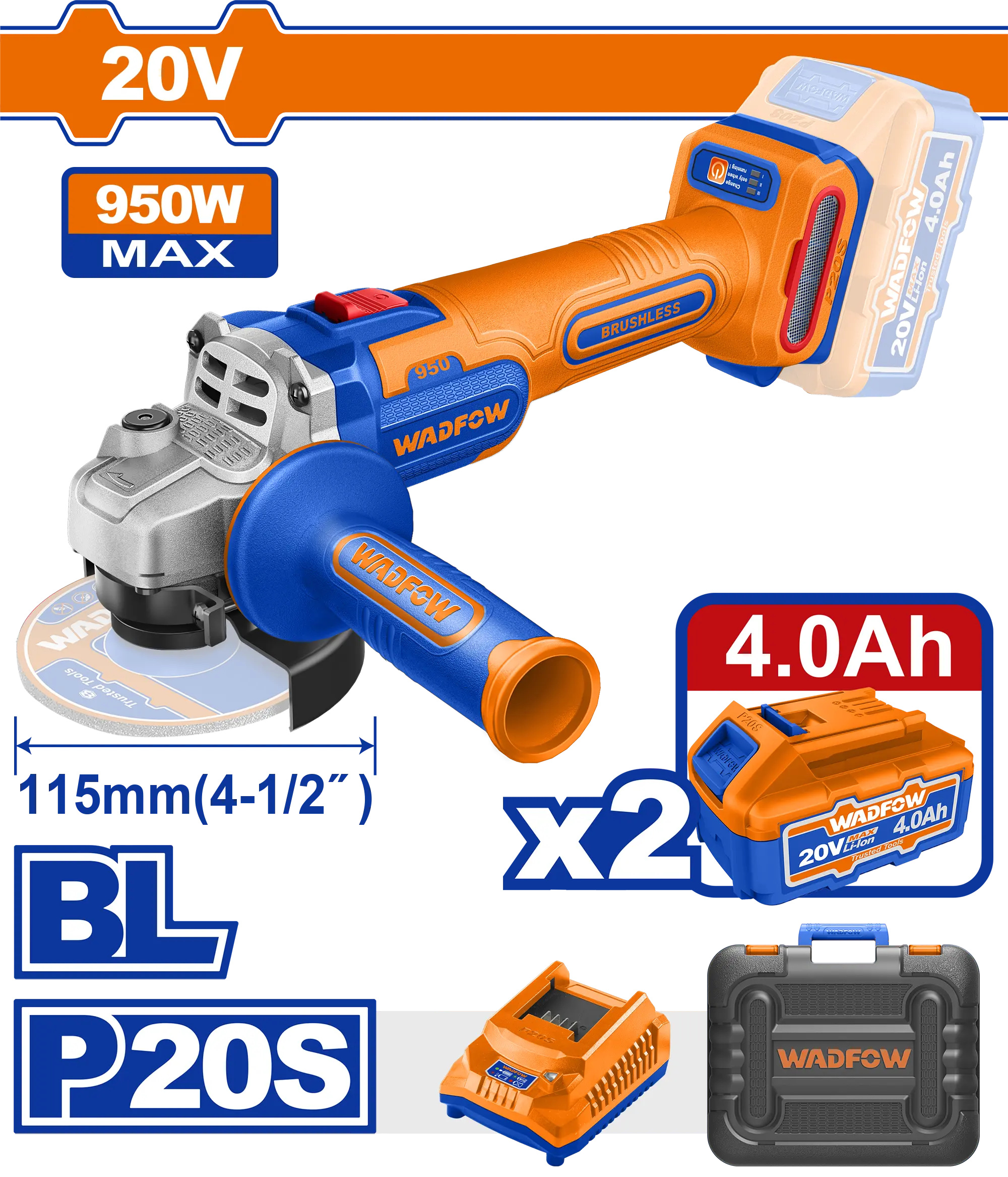 AMOLADORA ANGULAR 4 1/2'' BL 20V + 2 BAT 4.0AH + CARG + MALETA WADFOW