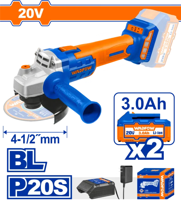 AMOLADORA ANGULAR 4 1/2"" BL 20V + 2 BAT 3.0AH + CARG WADFOW
