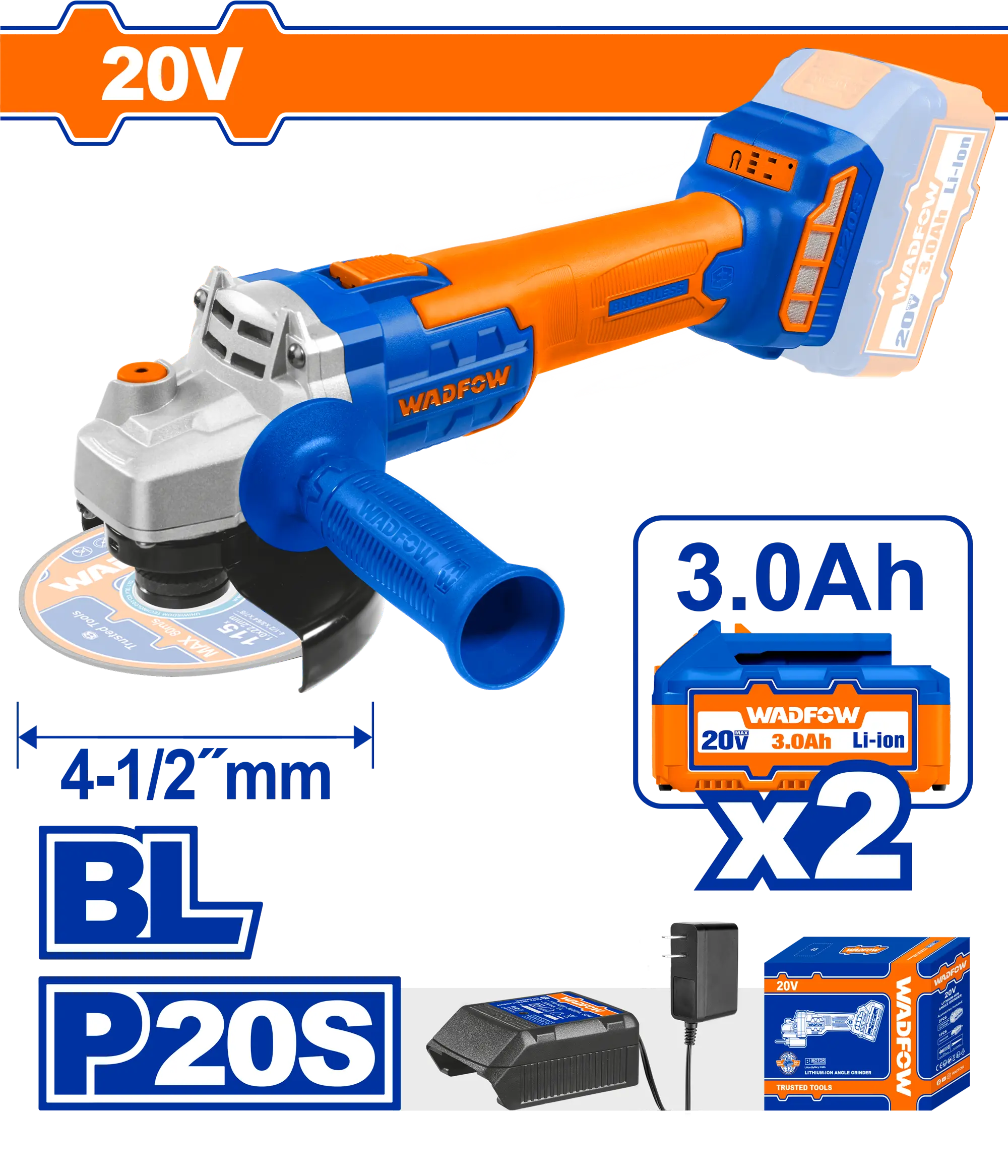 AMOLADORA ANGULAR 4 1/2"" BL 20V + 2 BAT 3.0AH + CARG WADFOW