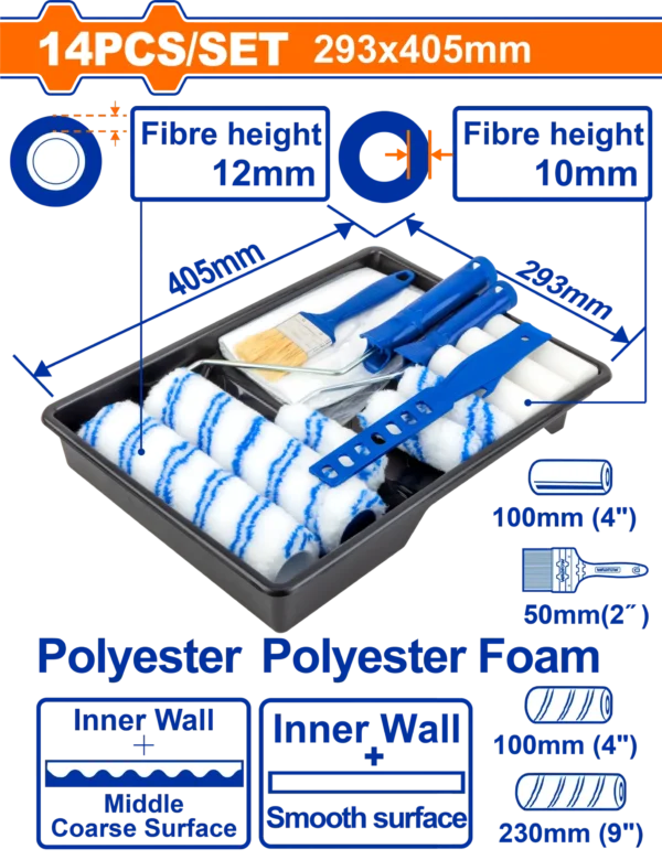 SET DE RODILLOS Y BROCHAS CON BANDEJA 14 EN 1 WADFOW