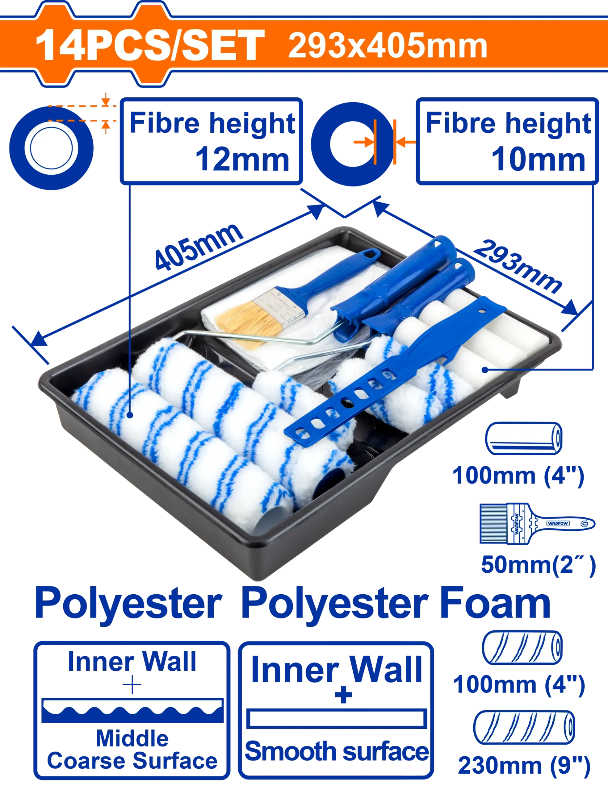 SET DE RODILLOS Y BROCHAS CON BANDEJA 14 EN 1 WADFOW