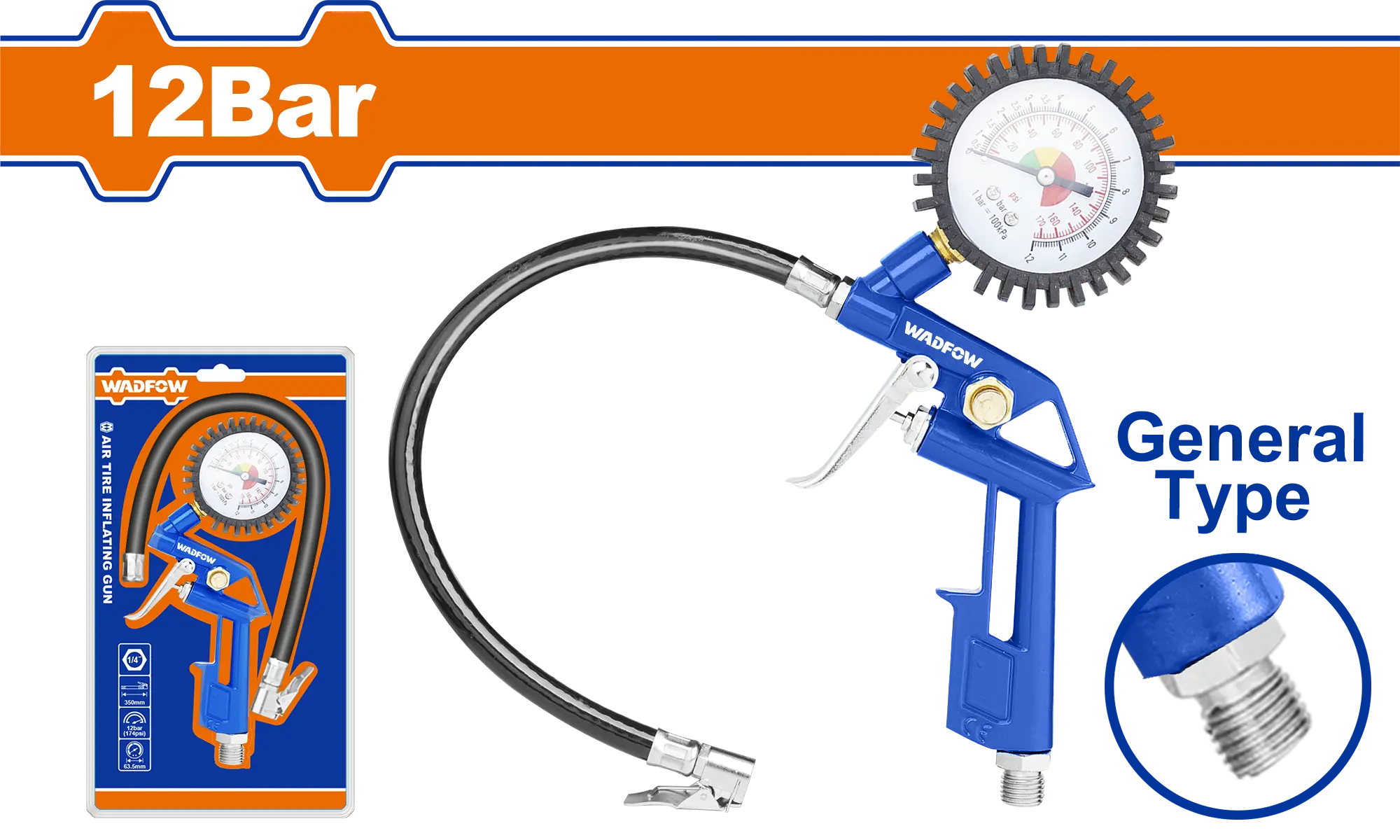 PISTOLA PARA INFLAR LLANTAS C/MANOMETRO 12 BAR WADFOW