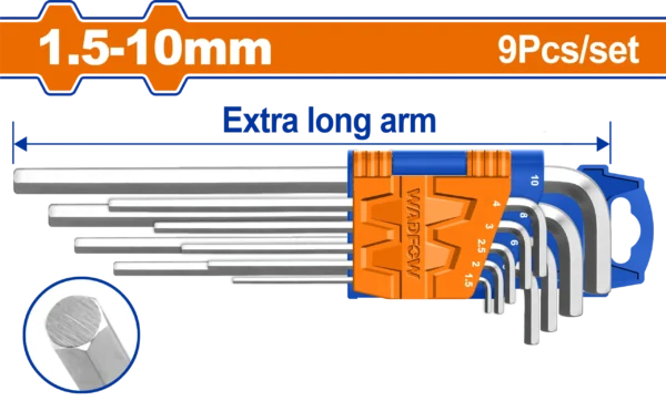 JUEGO DE LLAVES HEXAGONALES BRAZO EXTRA LARGO DE 9 PIEZAS WADFOW