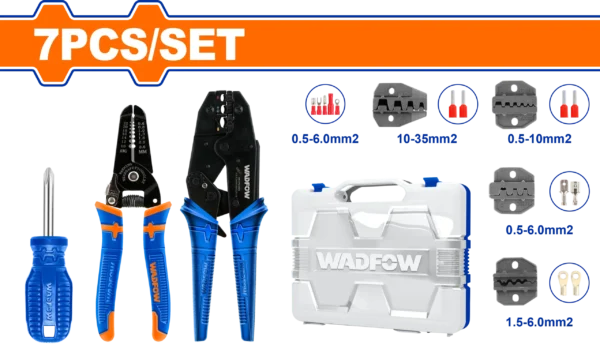 JUEGO DE PINZAS PONCHADORAS 7PIEZAS Y PELACABLE +DEST WADFOW