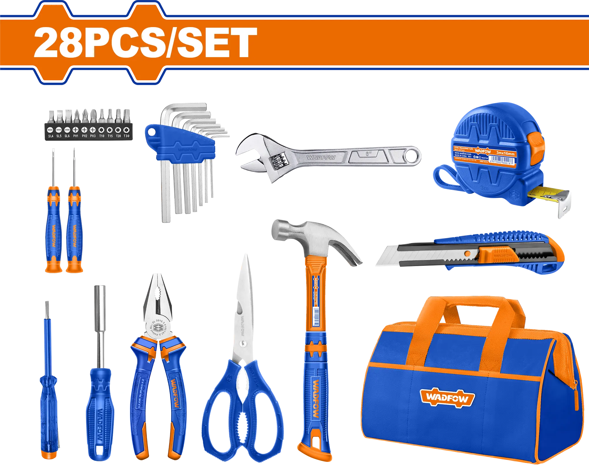 JUEGO DE HERRAMIENTAS MANUALES DE 28 PIEZAS WADFOW