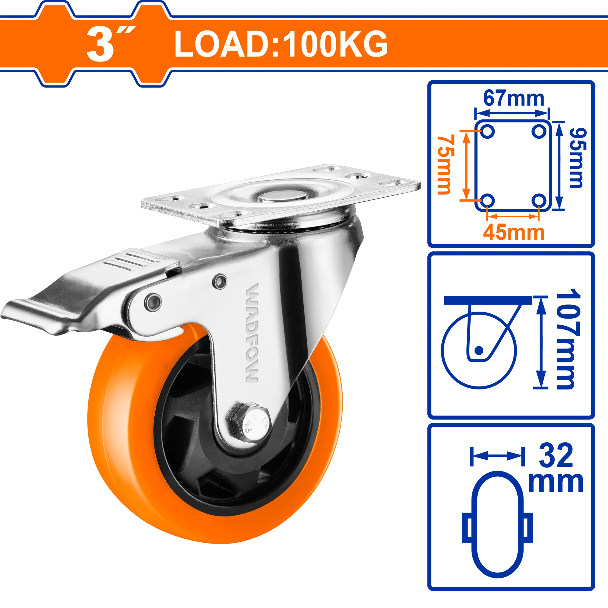 GARRUCHA GIRATORIA NARANJA CON FRENO 3" 100KG WADFOW