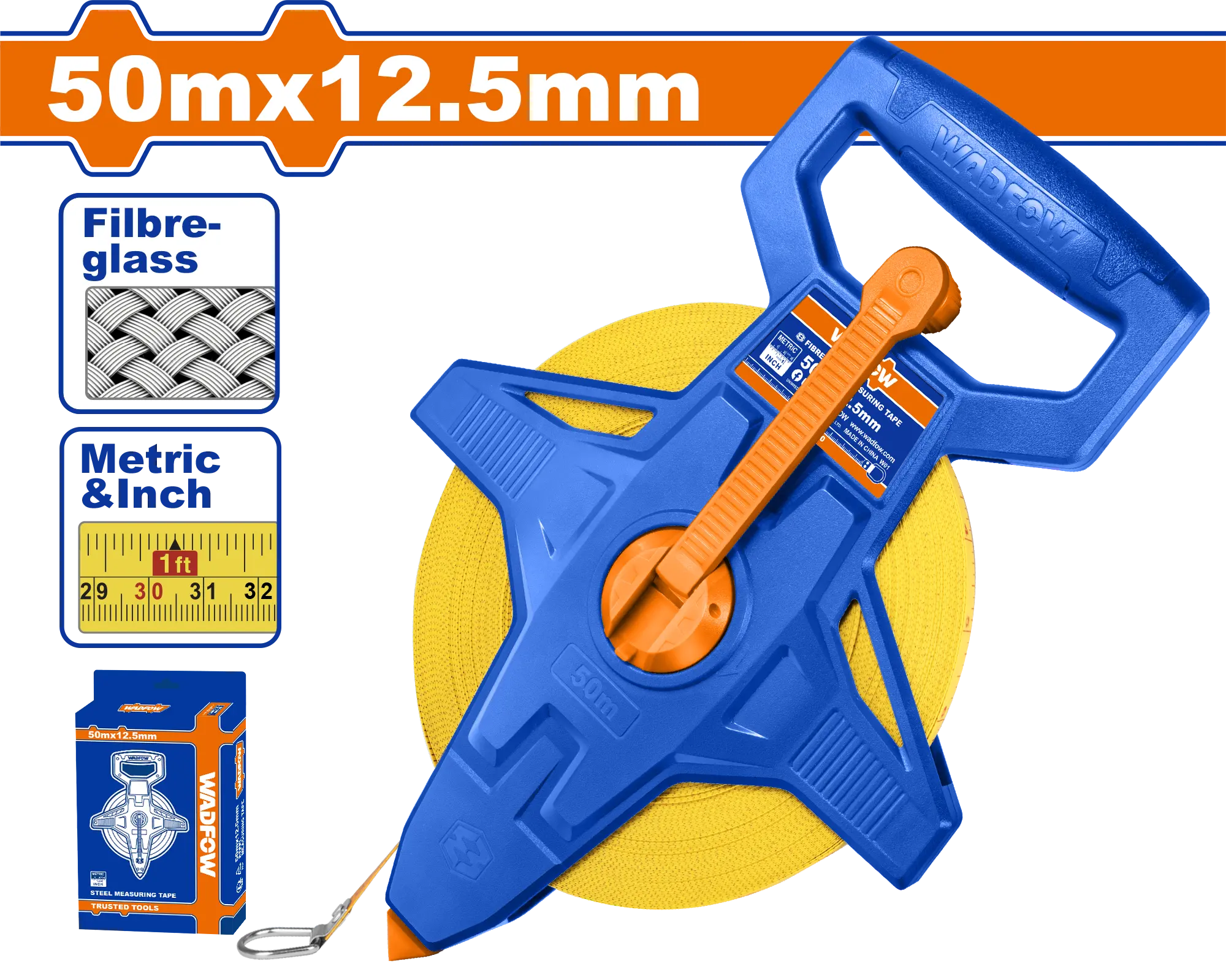 CINTA MÉTRICA DE FIBRA DE VIDRIO REFORZADA 50M X 12,5MM WADFOW