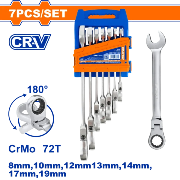 JUEGO DE LLAVES MIXTAS ARTICULADO C/RACHET 7 PCS WADFOW.