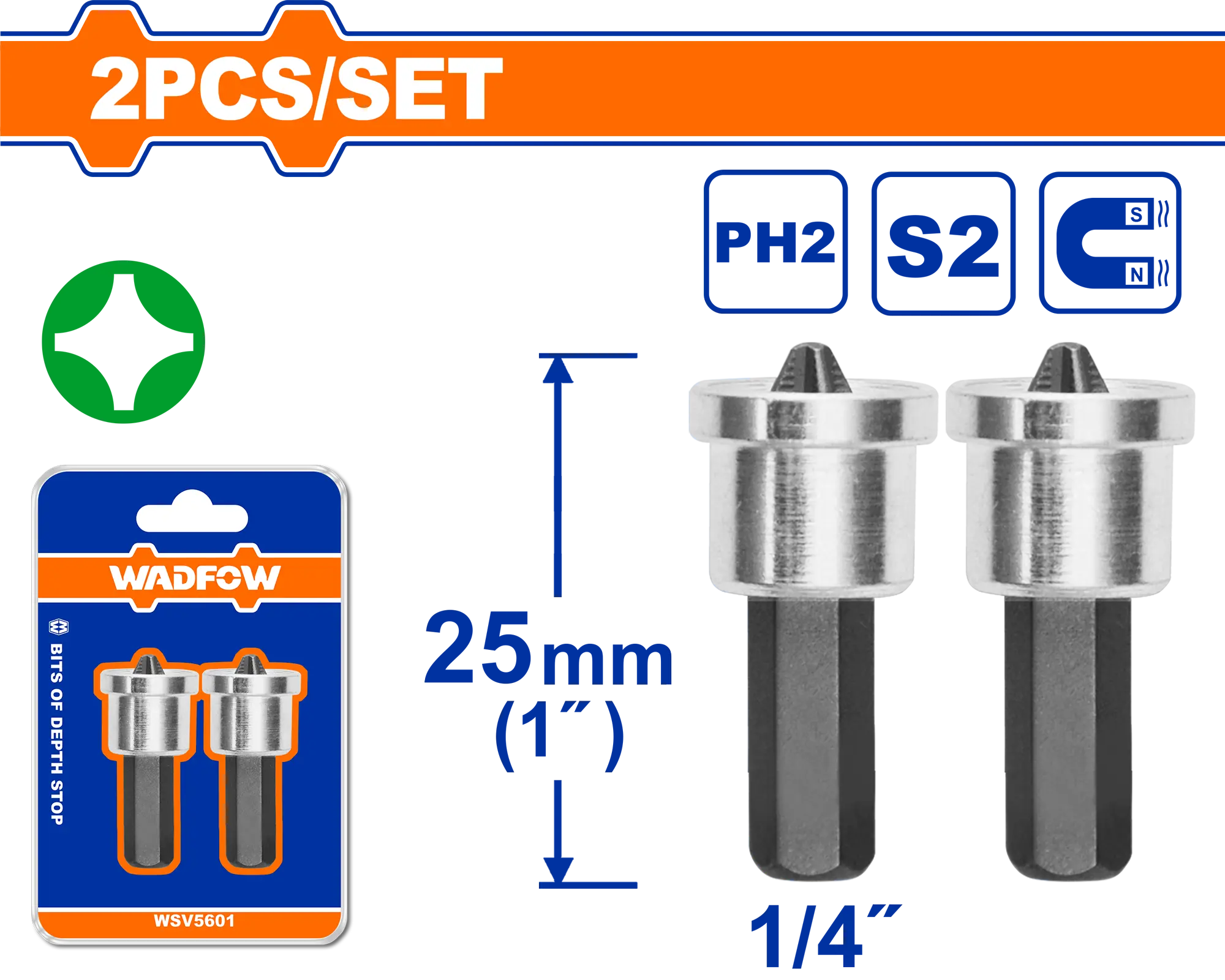 SET DE PUNTAS MAGNETICAS CON TOPE 25MM BLISTER X2 UND WADFOW