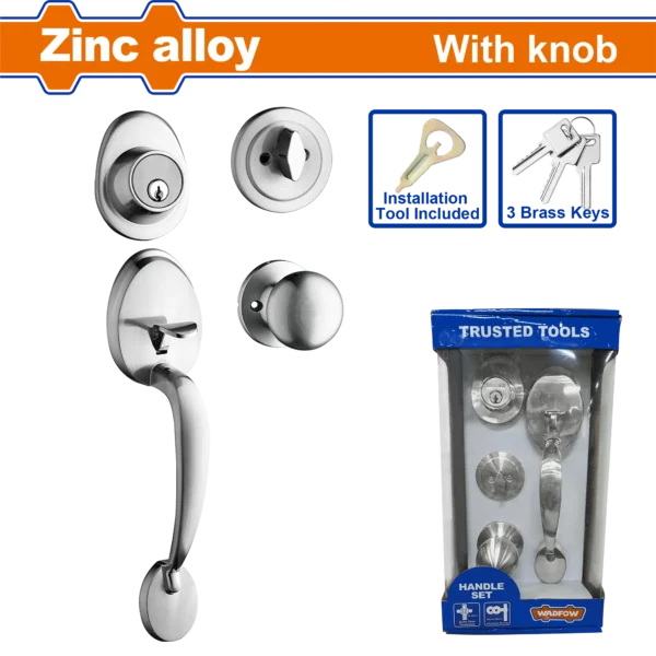 JUEGO DE CERRADURAS CON CILINDRO SIMPLE Y POMO INTERIOR NIQUEL SATINADO WADFOW